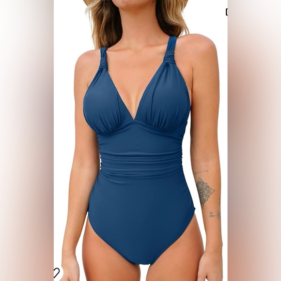 Cupshe Other - Cupshe Women's Back Cross One Piece ruched front Swimsuit Blue Size S